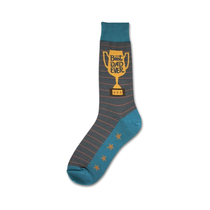 Crew socks in gray and teal with orange trophy graphic reading 'Best Dad Ever' and stars on the teal heel and toe. }}