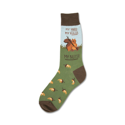Crew socks in green with brown accents.  Features a cartoon squirrel, acorns, and the text 'My Yard My Rules My Nuts!'