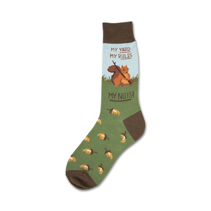 Crew socks in green with brown accents. Features a cartoon squirrel, acorns, and the text 'My Yard My Rules My Nuts!' }}
