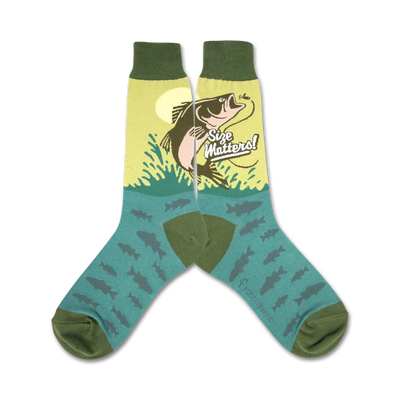 A pair of crew socks with a teal background. The socks feature a graphic of a large fish jumping out of the water with the text 'Size Matters!' Small fish are also printed on the socks.
