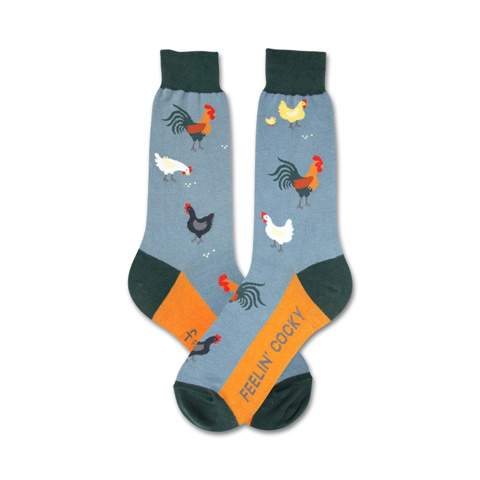 mens crew socks in blue with cartoon roosters, hens and the word 