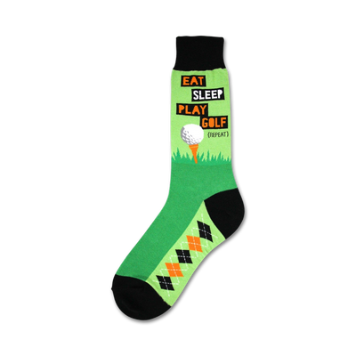 Crew socks in green and black.  One side features the text 'Eat Sleep Play Golf (Repeat)' and a golf ball graphic, the other side has a black and orange argyle pattern.