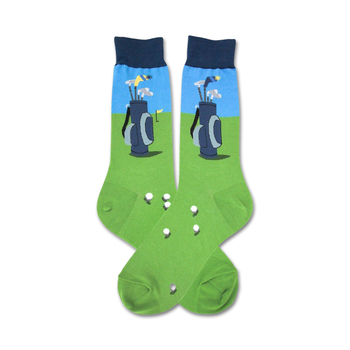 mens crew-length dark blue and green golf socks with white golf ball and dark blue golf bag pattern.   }}