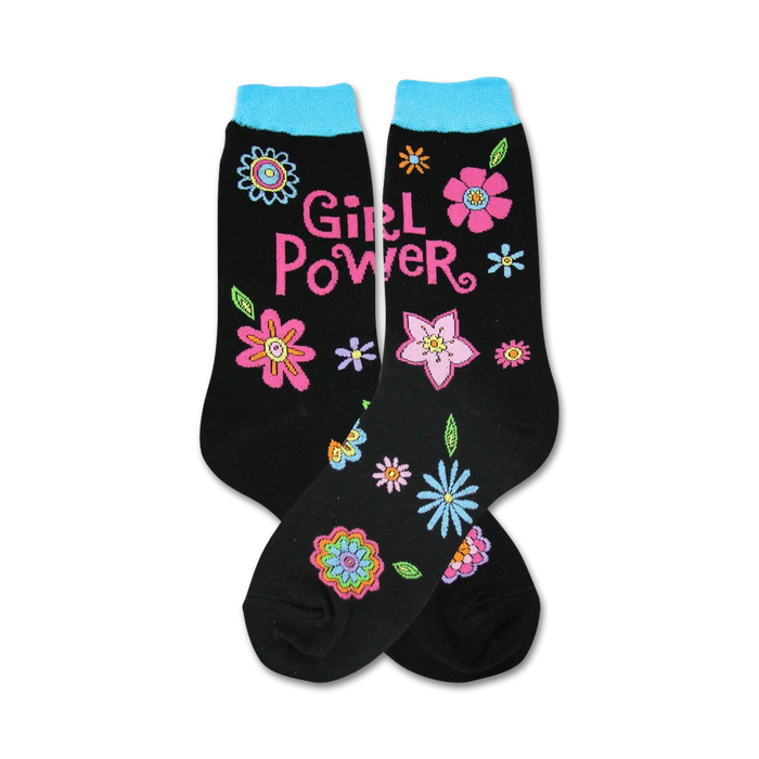womens black 'girl power' floral crew socks in pink and blue.   }}