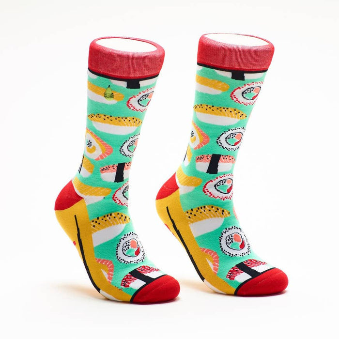 Pair of crew socks with a teal background and colorful sushi illustrations. Red, yellow, and black accents. }}