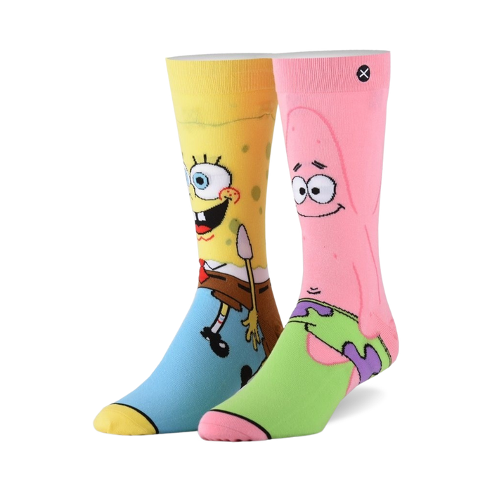 Crew socks featuring Spongebob and Patrick. Spongebob's sock is yellow and blue, Patrick's is pink and green.  Both show the characters' faces. }}