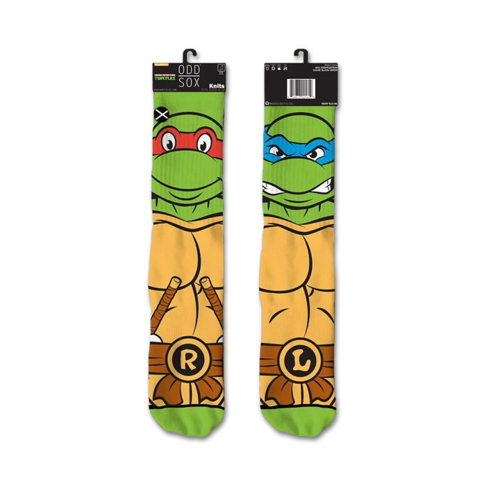 Teenage Mutant Ninja Turtles crew socks.  Raphael and Leonardo's faces are featured, with green, orange, red and blue colors. }}