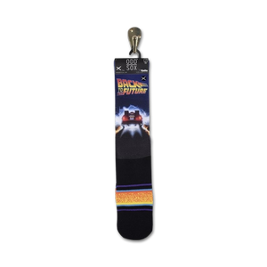 Product shot of Back to the Future socks on their packaging. Shows the socks' design and branding clearly.