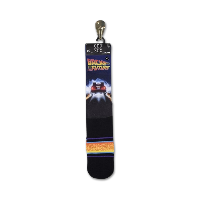 Product shot of Back to the Future socks on their packaging. Shows the socks' design and branding clearly.