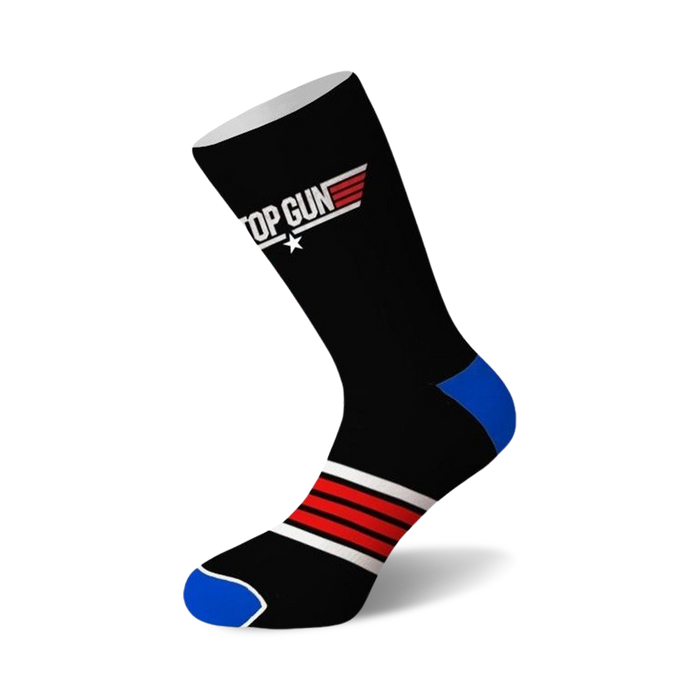 Black crew socks with the Top Gun logo and red and white stripes near the ankle, accented with blue at the heel and toe. }}