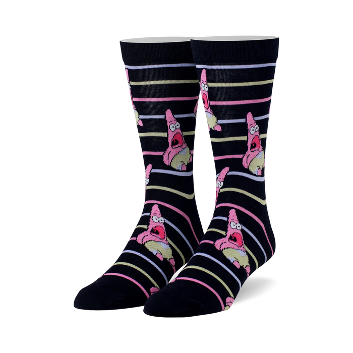 Crew socks in navy blue with pink and yellow stripes and repeating images of a surprised Patrick Star from Spongebob. }}