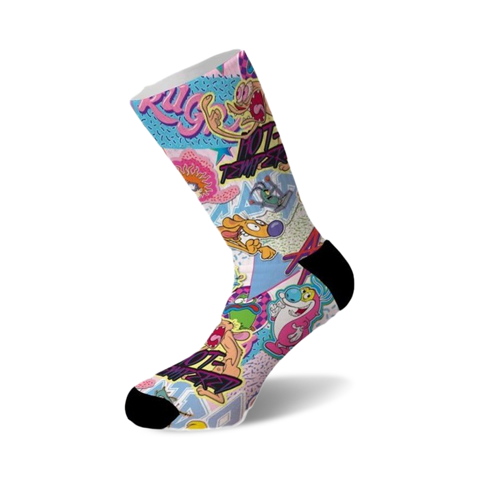 Crew socks with a colorful 90s cartoon design. Pink, blue, and yellow tones feature Ren & Stimpy, and other characters against a white background. }}