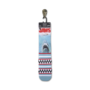Close-up of Jaws socks on their retail packaging tag.  Shows the sock design and branding.