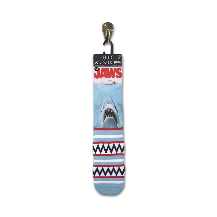 Close-up of Jaws socks on their retail packaging tag.  Shows the sock design and branding.