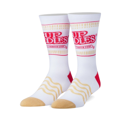 Pair of white crew socks with red Cup Noodles logo and wavy noodle pattern. Features tan heel and toe.