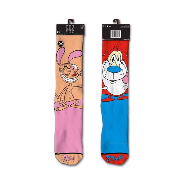 Pair of crew socks featuring Ren & Stimpy. Ren's sock is peach with him lounging; Stimpy's is blue with him happily licking his nose. }}