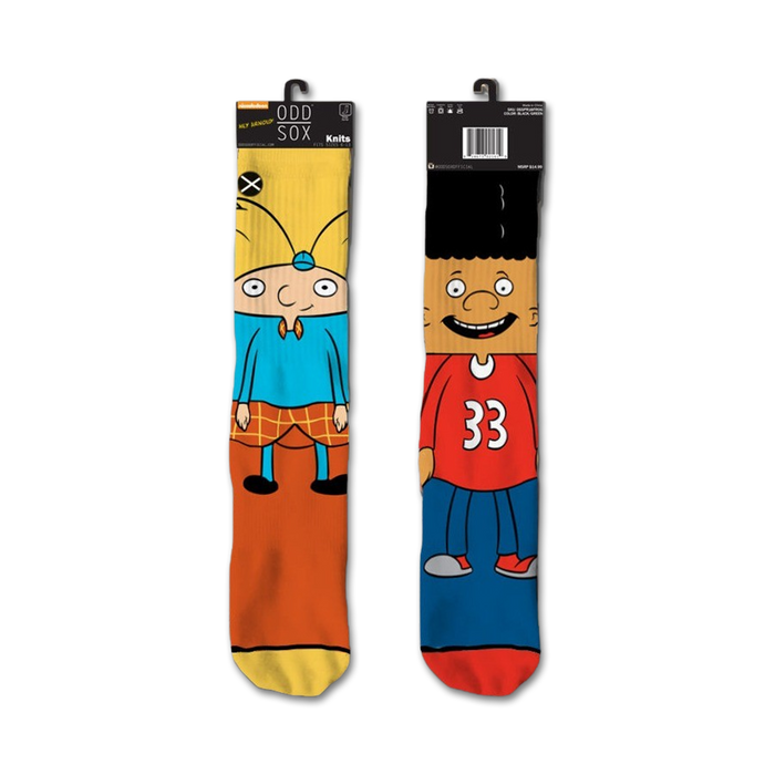 Pair of crew socks featuring Hey Arnold! characters Arnold and Gerald. Arnold's sock is yellow, blue, and orange. Gerald's is red, blue, and black. }}