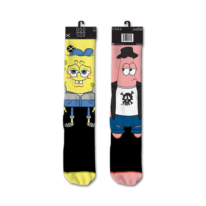Pair of crew socks; one features Spongebob in a grey hoodie and jeans, the other Patrick in a vest and shorts. Both are on black backgrounds. }}