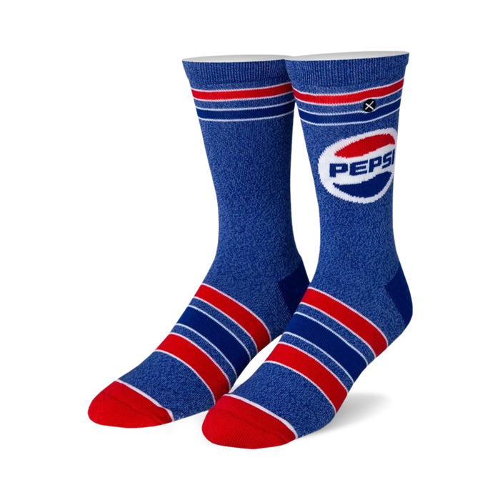 blue crew socks with red and white striped pattern and pepsi logo on leg. made for men and women. food & drink theme    }}