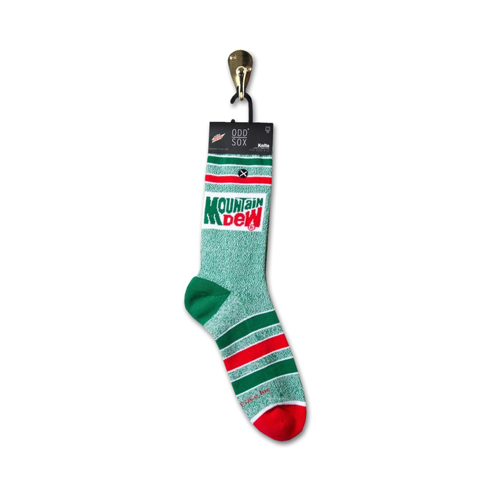 Lifestyle shot showing a single Mountain Dew sock hanging on a retail display.