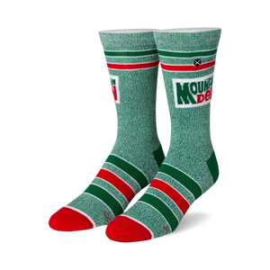 Pair of Mountain Dew crew socks. Green speckled fabric with red and white stripes, and the Mountain Dew logo.