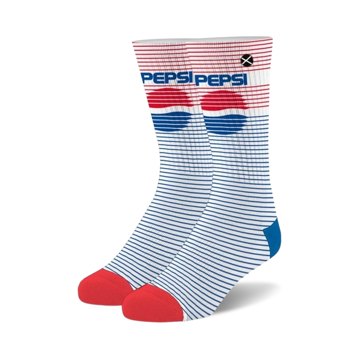 white socks with red toe and heel. blue and red stripe pattern with 