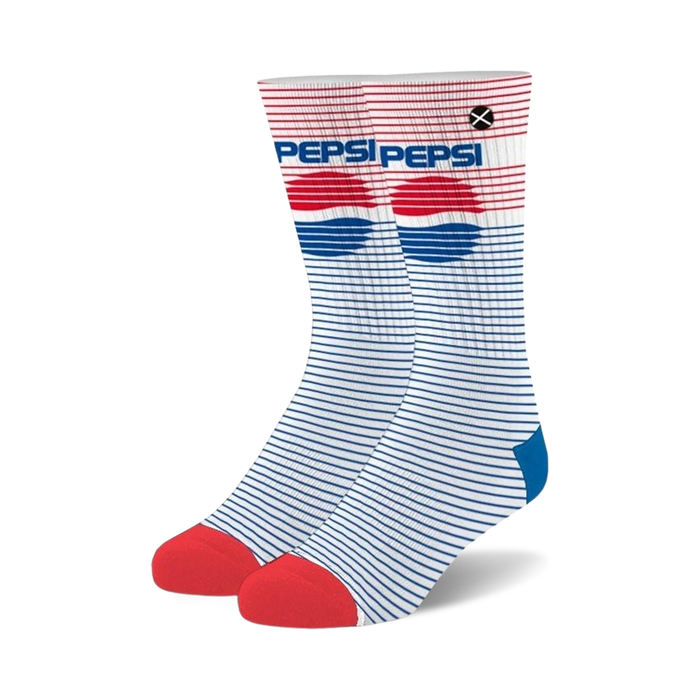 Pair of crew socks with white base, thin blue stripes, red and blue Pepsi logo, and red heel and toe. }}