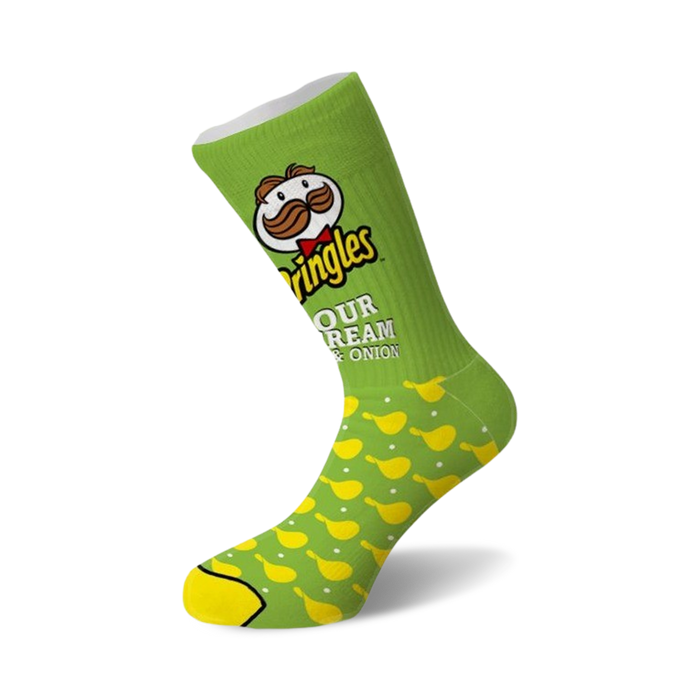 green and yellow crew socks featuring julius pringles and pringles logo all over.   }}