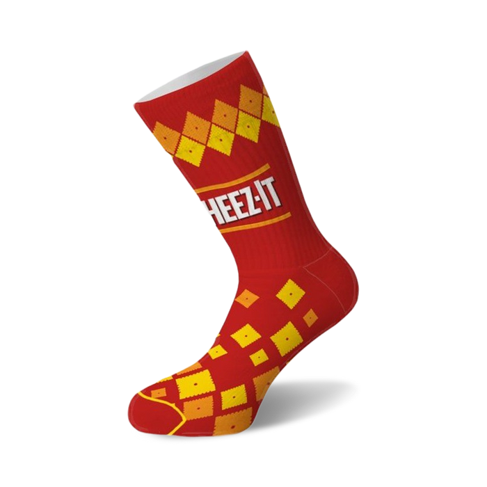 cheez-it themed socks with a red base, white toe, and pattern of small squares. unisex.    }}