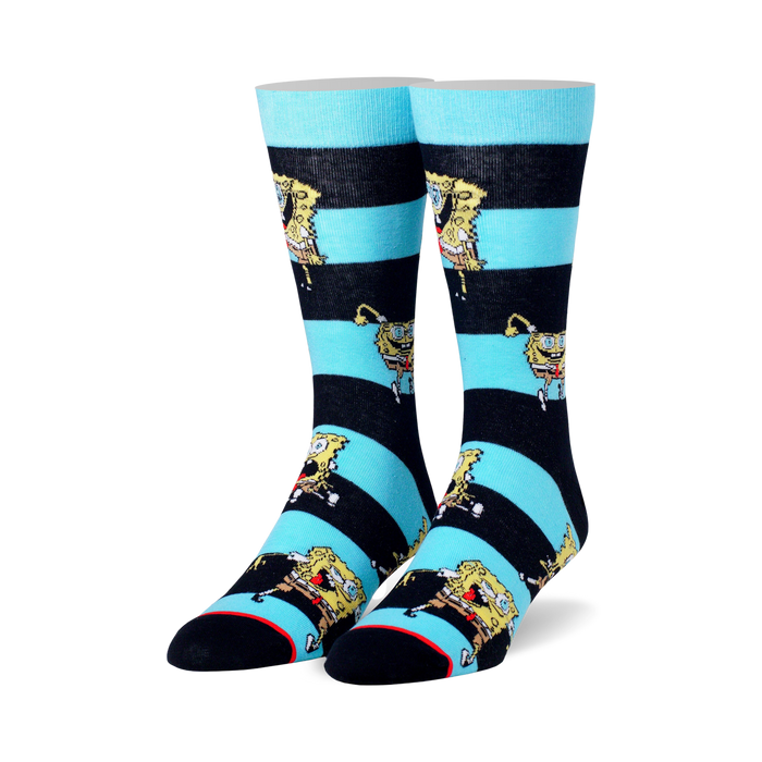 these crew socks feature a vibrant pattern of spongebob squarepants faces on blue and black stripes, bringing a touch of cartoonish fun to any outfit.    }}