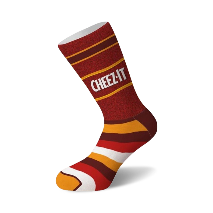 Crew socks in red, orange, and white with horizontal stripes and the 'Cheez-It' logo. A fun, snack-themed design. }}