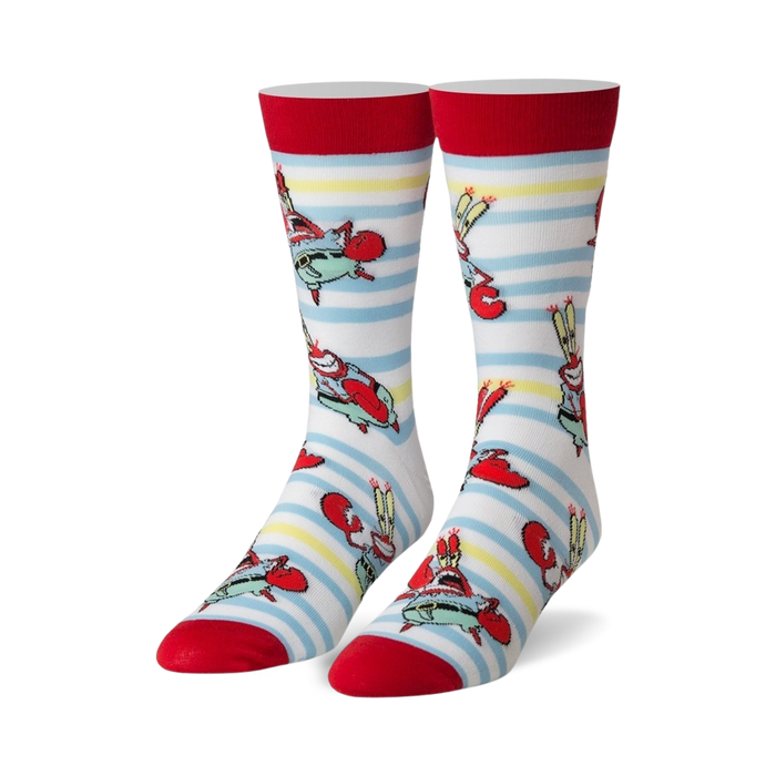 white mr. krabs novelty socks with light blue stripes; spongebob cartoon socks for men and women.   }}