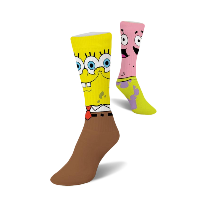 womens spongebob & patrick cartoon character crew socks, yellow & brown   }}