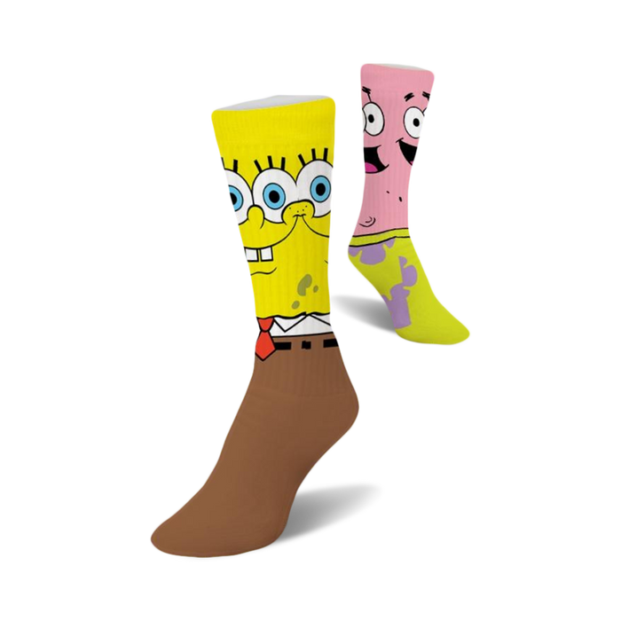 Crew socks featuring Spongebob Squarepants and Patrick Star. Spongebob's sock is yellow and brown, Patrick's is pink and green. }}