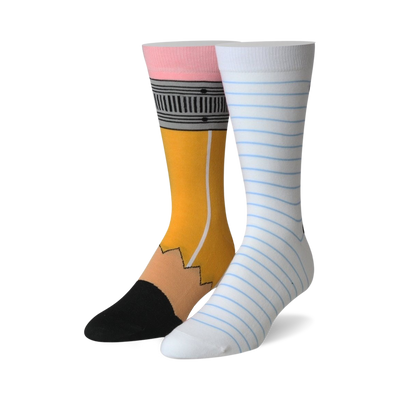 Pair of crew socks; one yellow and black pencil-themed, the other white with light blue notebook stripes. Fun and quirky design.