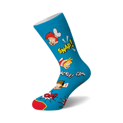 Crew socks in teal blue, featuring the Snap, Crackle, and Pop Rice Krispies characters and comic-style 'SNAP!', 'CRACKLE!', 'POP!' text.