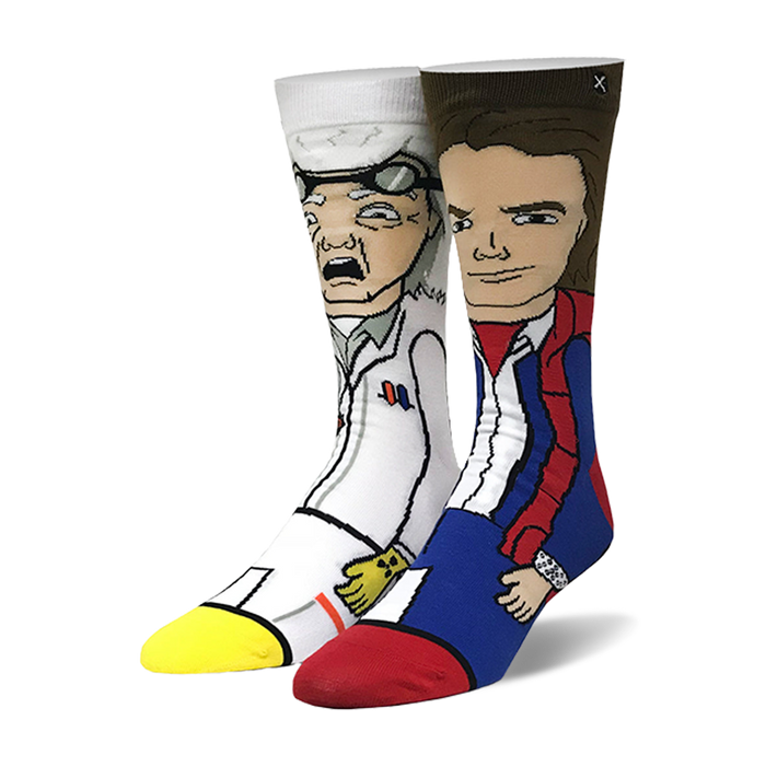 A pair of crew socks showing cartoon illustrations of Doc Brown and Marty McFly from Back to the Future. Colors include white, blue, red, and yellow. }}