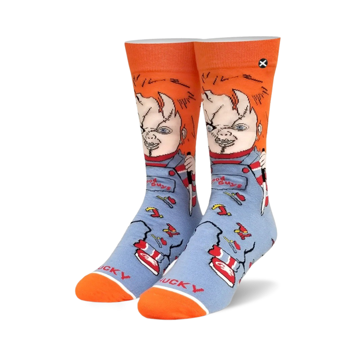A pair of Chucky Good Guy crew socks.  They're blue with orange cuffs and feature Chucky's face and knife.