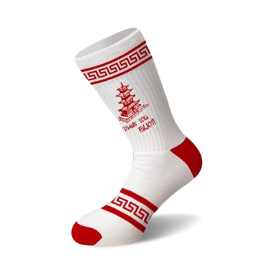 White crew socks with red accents. Features a red Chinese takeout-style pagoda image and 'Thank You, Enjoy!' text.