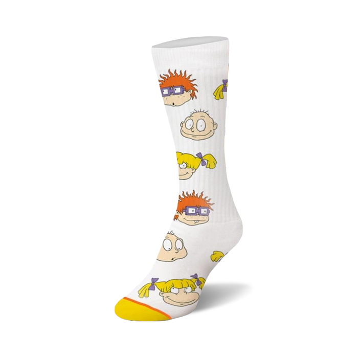 White crew socks with a repeating pattern of Rugrats characters' faces: Tommy, Chuckie, Angelica, and Phil. Orange accents on the toe. }}