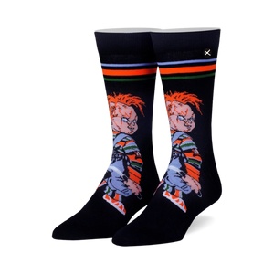 Pair of black crew socks with a colorful stripe detail at the top and a graphic of Chucky from Child's Play.