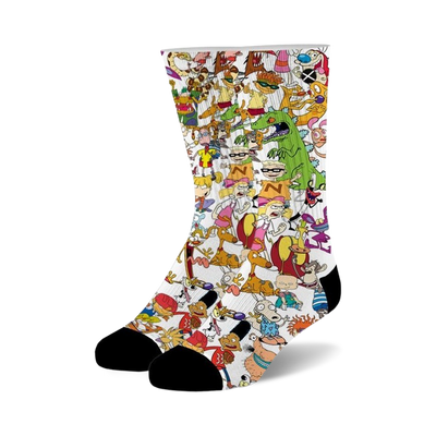 Crew socks with a white background featuring a colorful collage of 90s Nickelodeon cartoon characters like Ren & Stimpy, Rugrats, and more.