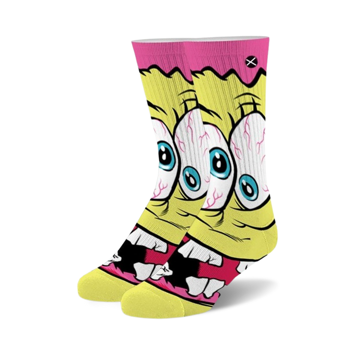 Crew socks featuring a freaky Spongebob design. Yellow and pink are the main colors; Spongebob's face has bulging eyes and a wide grin. }}