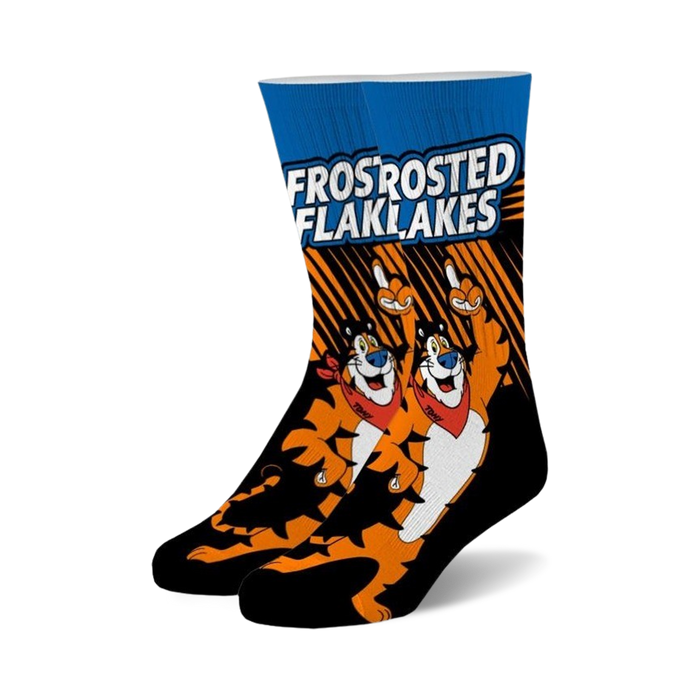 crew length frosted flakes socks feature tony the tiger mascot in a black and white striped pattern for men and women.    }}