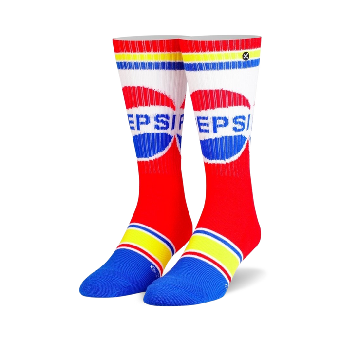 Pair of red, white, and blue crew socks with a retro Pepsi logo. Yellow and blue stripes at the top and bottom. }}