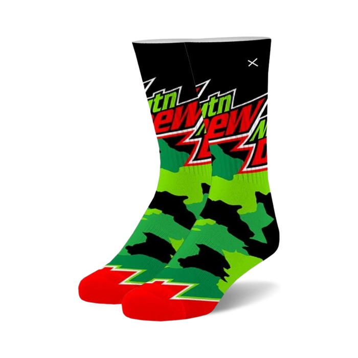 black, green, and red mountain dew camouflage crew socks with the mountain dew logo for men and women    }}
