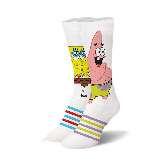 White crew socks featuring Spongebob and Patrick. The socks have colorful horizontal stripes at the bottom. }}