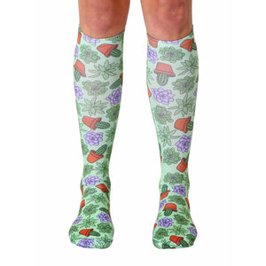 Pair of women's knee-high socks with a pastel green background and all-over print of succulents, cacti, and terracotta pots.