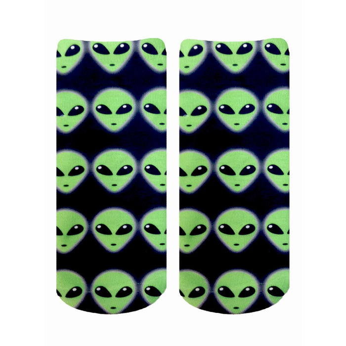Pair of ankle socks with an all-over pattern of light green alien faces on a navy blue background. }}