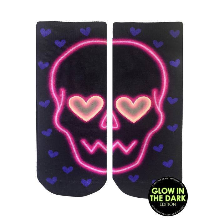 Low cut socks in black with neon pink skull and purple hearts.  Glow in the dark hearts for eyes.
